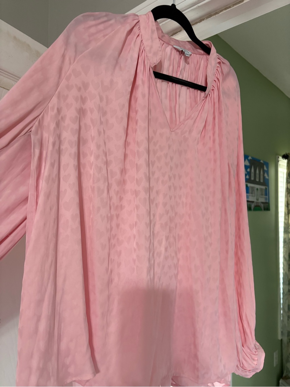 crown & ivy Pink Heart Jacquard V-Neck Long Sleeve Blouse